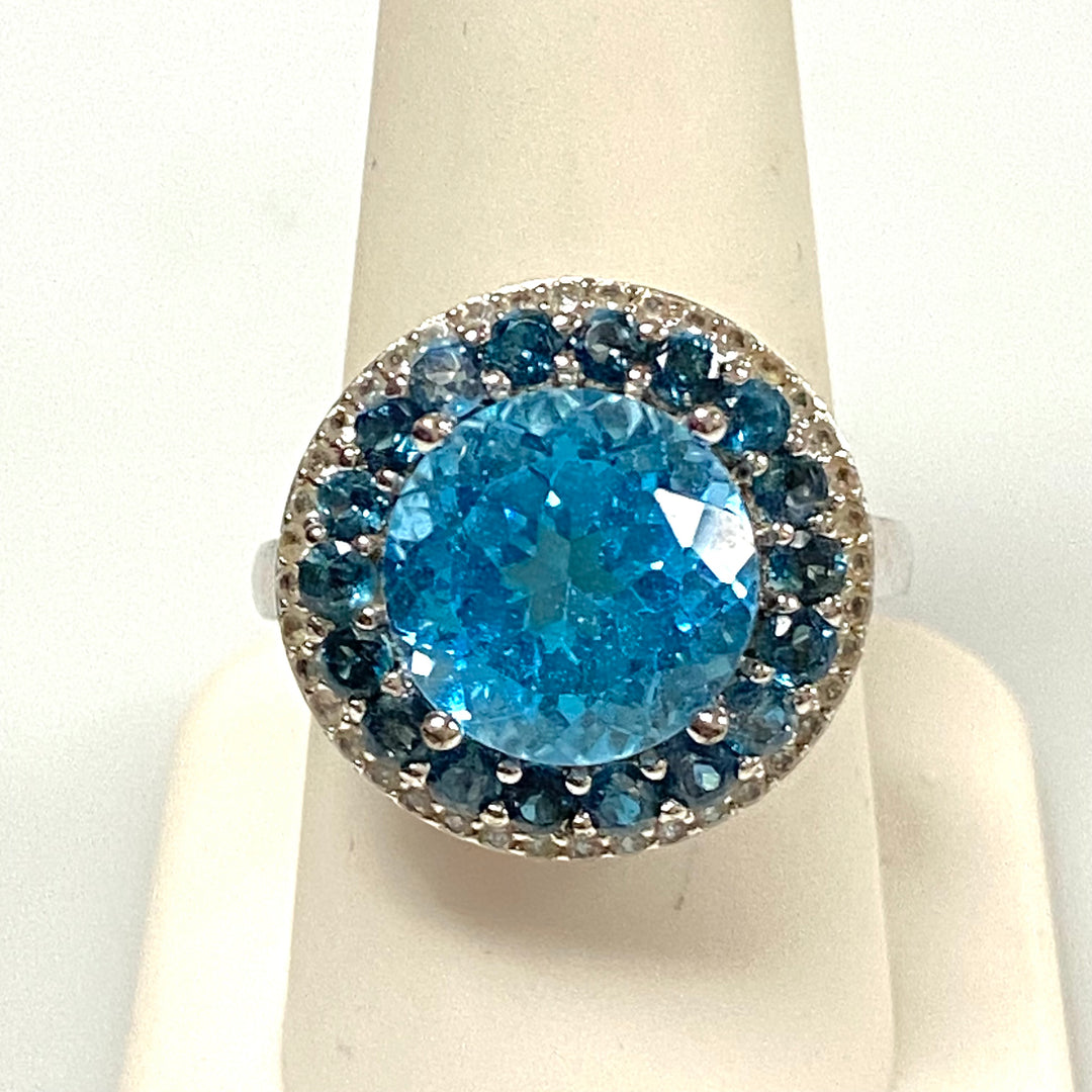 v553 Vintage Sterling Silver Ring Blue Topaz with Double Halo Stones Ring Size 9