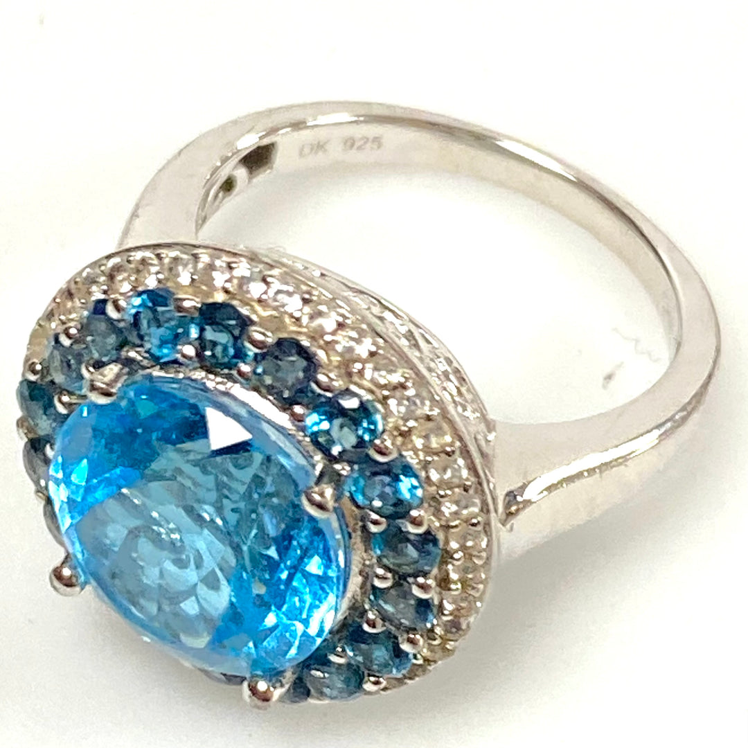 v553 Vintage Sterling Silver Ring Blue Topaz with Double Halo Stones Ring Size 9