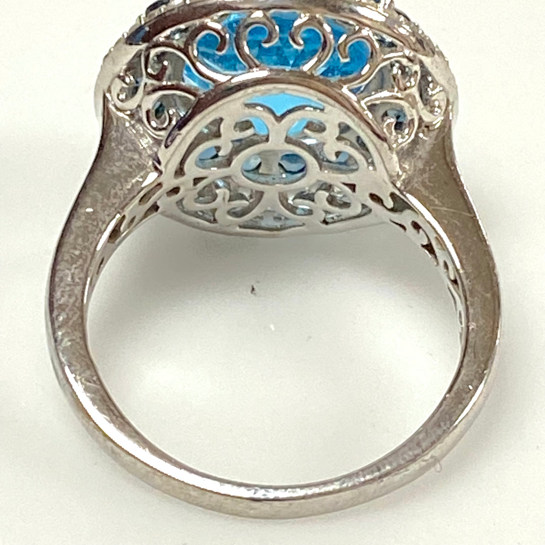 v553 Vintage Sterling Silver Ring Blue Topaz with Double Halo Stones Ring Size 9