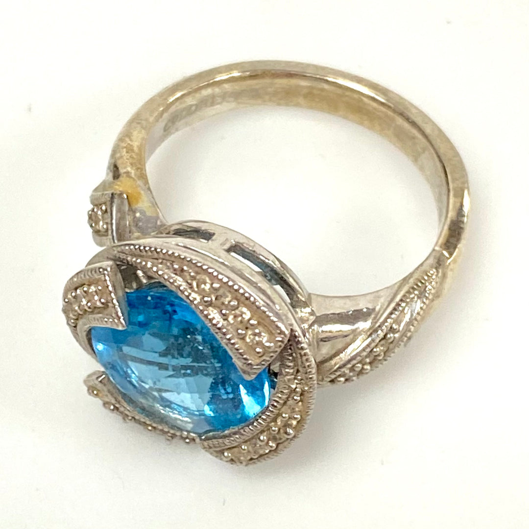 v554 Vintage Sterling Silver Ring Blue Topaz with Rhinestones Halo Ring Size 8