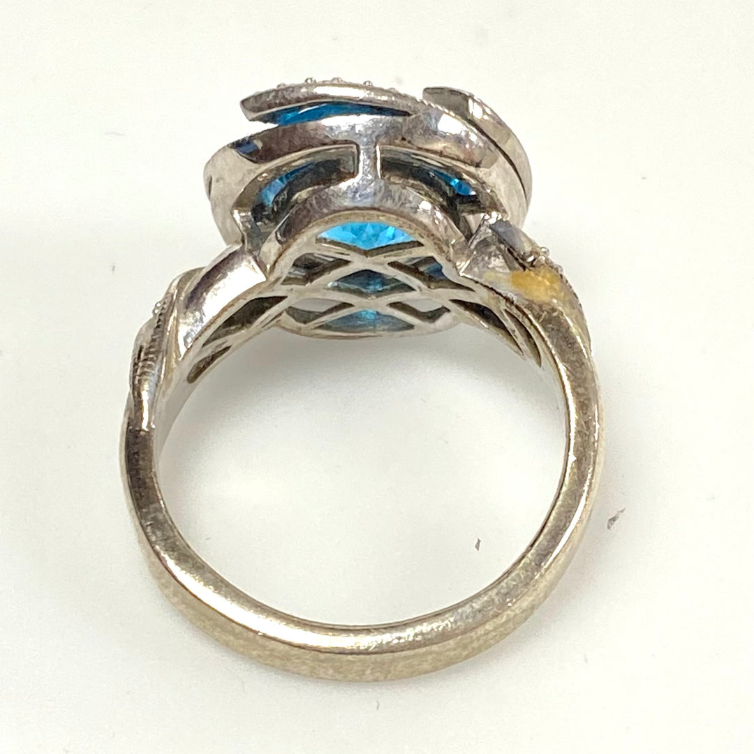 v554 Vintage Sterling Silver Ring Blue Topaz with Rhinestones Halo Ring Size 8