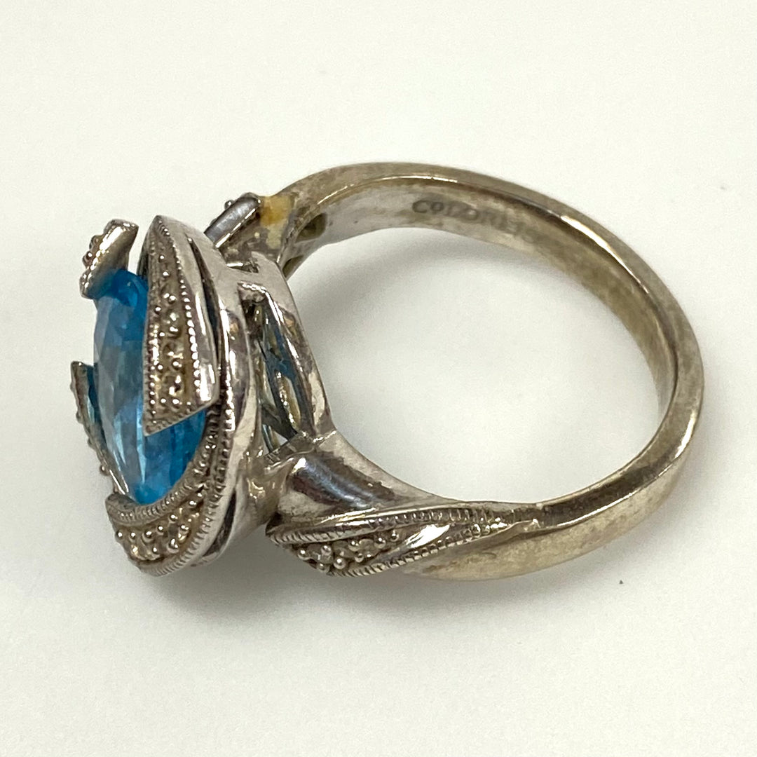 v554 Vintage Sterling Silver Ring Blue Topaz with Rhinestones Halo Ring Size 8