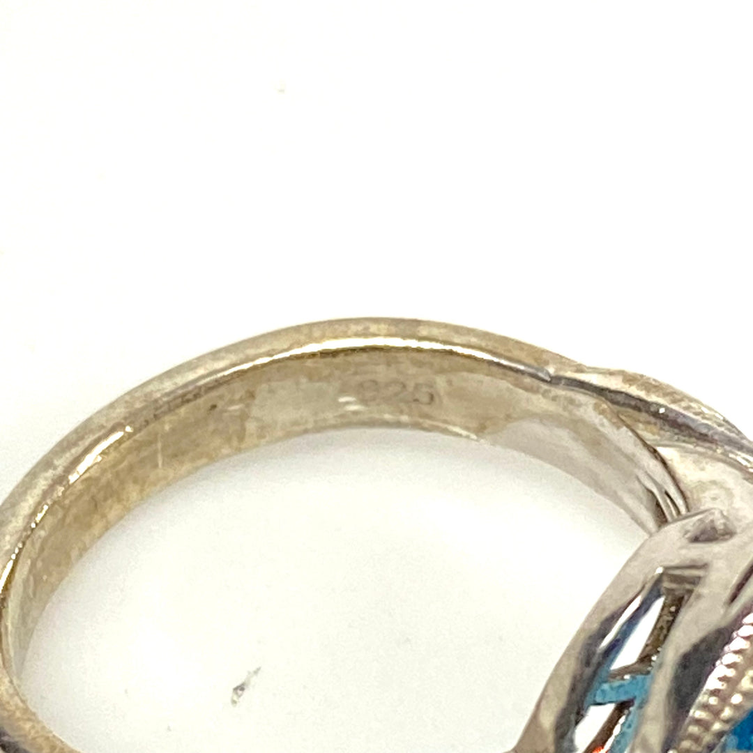 v554 Vintage Sterling Silver Ring Blue Topaz with Rhinestones Halo Ring Size 8