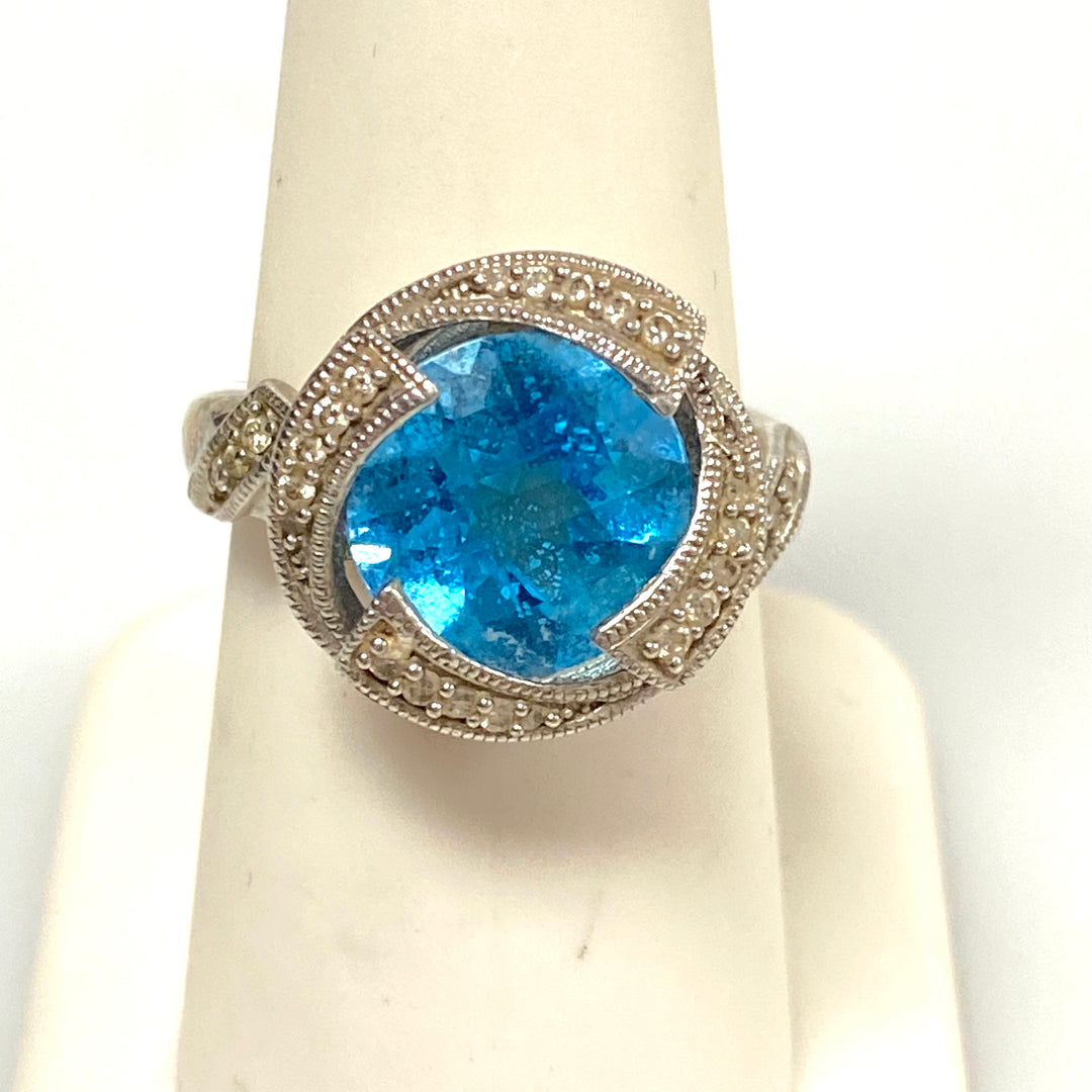 v554 Vintage Sterling Silver Ring Blue Topaz with Rhinestones Halo Ring Size 8
