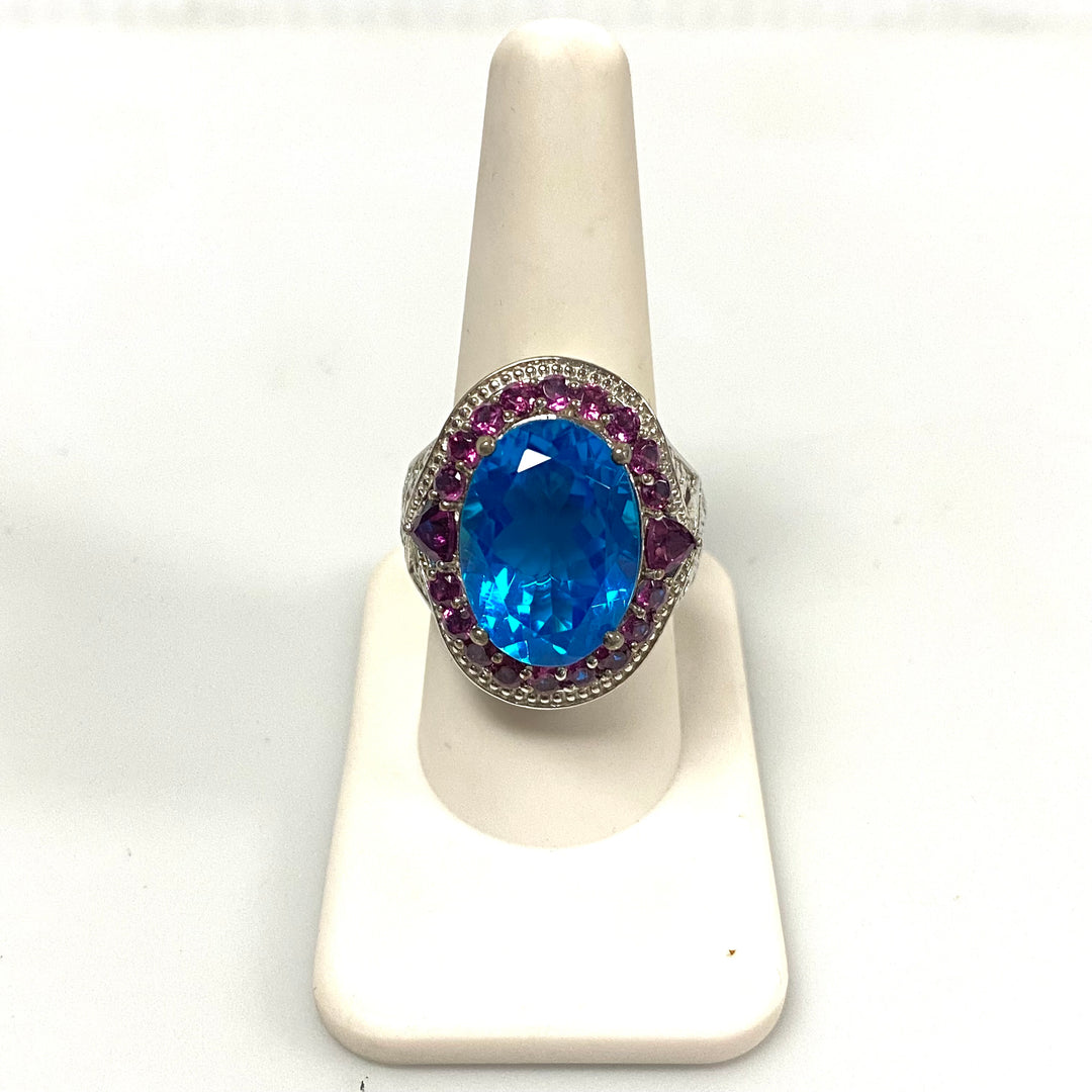 v556 Vintage Sterling Silver Ring Blue Zircon & Pink Sapphires Halo Ring Size 9