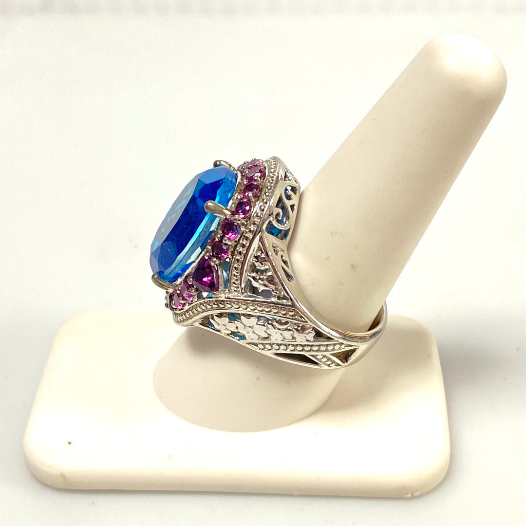 v556 Vintage Sterling Silver Ring Blue Zircon & Pink Sapphires Halo Ring Size 9