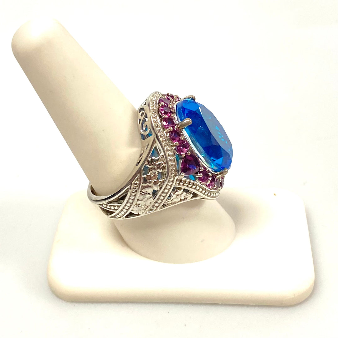 v556 Vintage Sterling Silver Ring Blue Zircon & Pink Sapphires Halo Ring Size 9