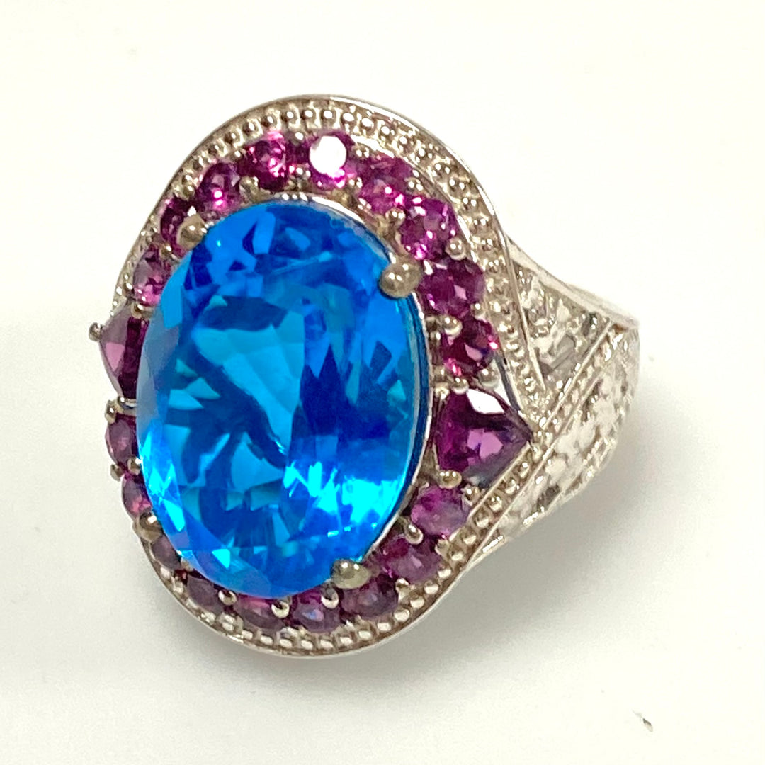 v556 Vintage Sterling Silver Ring Blue Zircon & Pink Sapphires Halo Ring Size 9