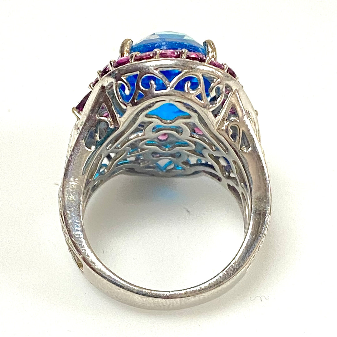 v556 Vintage Sterling Silver Ring Blue Zircon & Pink Sapphires Halo Ring Size 9
