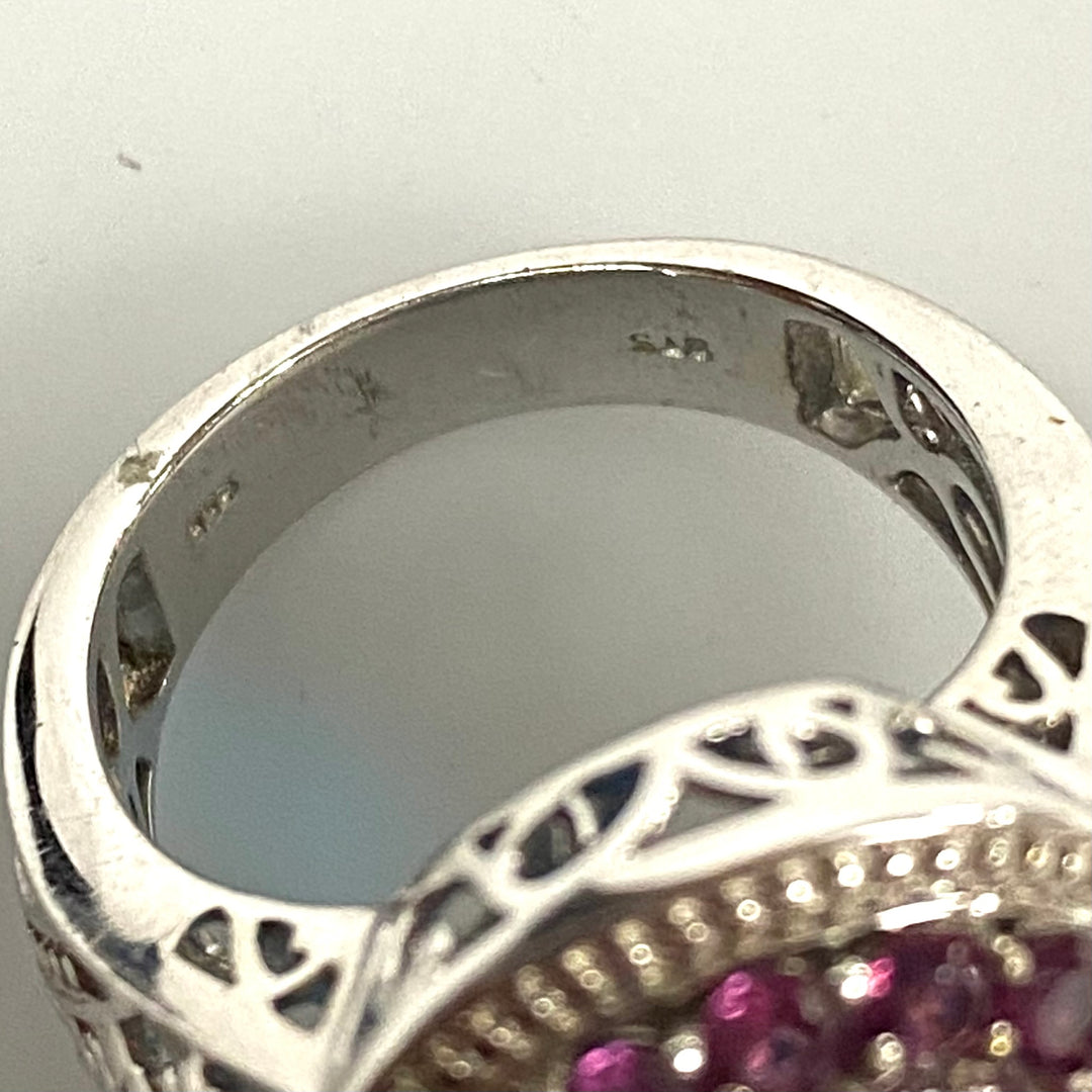 v556 Vintage Sterling Silver Ring Blue Zircon & Pink Sapphires Halo Ring Size 9