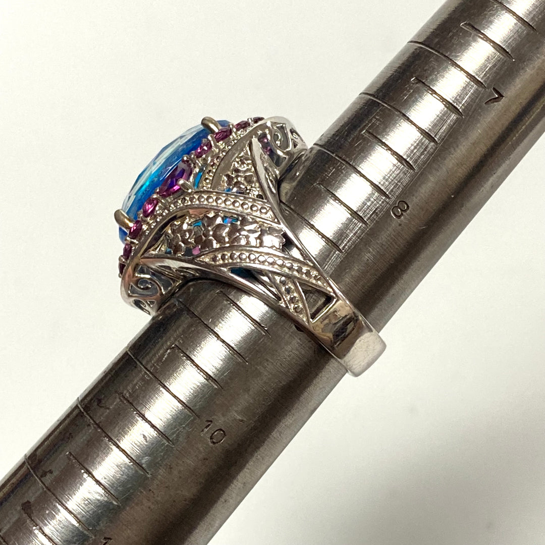 v556 Vintage Sterling Silver Ring Blue Zircon & Pink Sapphires Halo Ring Size 9