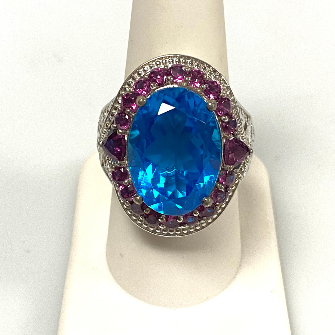 v556 Vintage Sterling Silver Ring Blue Zircon & Pink Sapphires Halo Ring Size 9