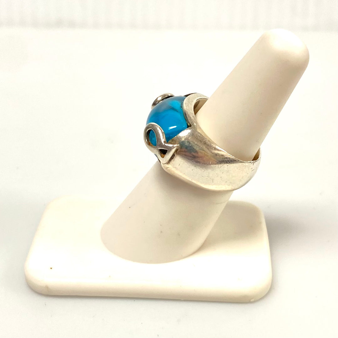 v559 Vintage Sterling Silver Blue Oval Rhinestone Wide Band Design Ring Sz 6.75