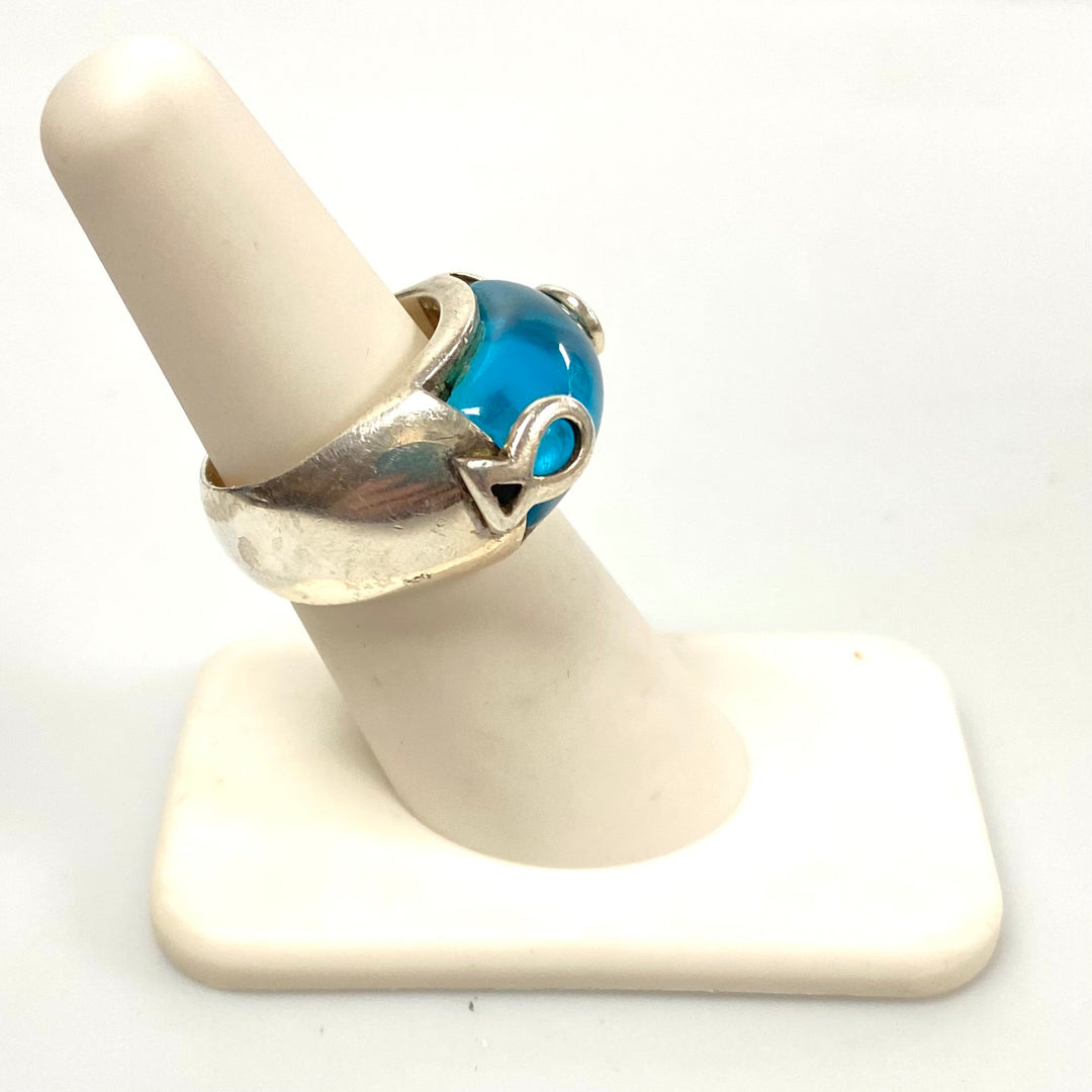 v559 Vintage Sterling Silver Blue Oval Rhinestone Wide Band Design Ring Sz 6.75