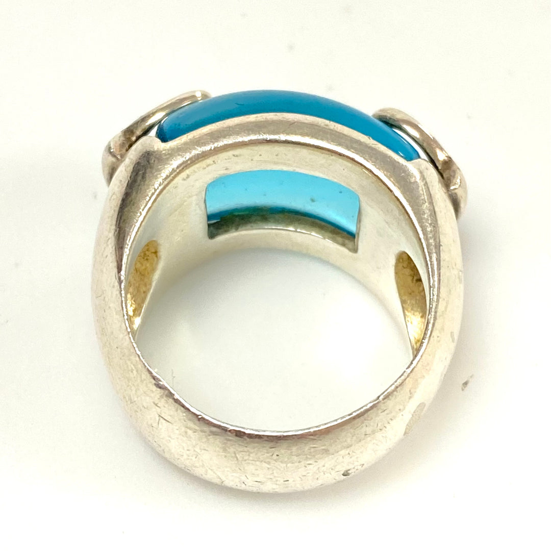 v559 Vintage Sterling Silver Blue Oval Rhinestone Wide Band Design Ring Sz 6.75