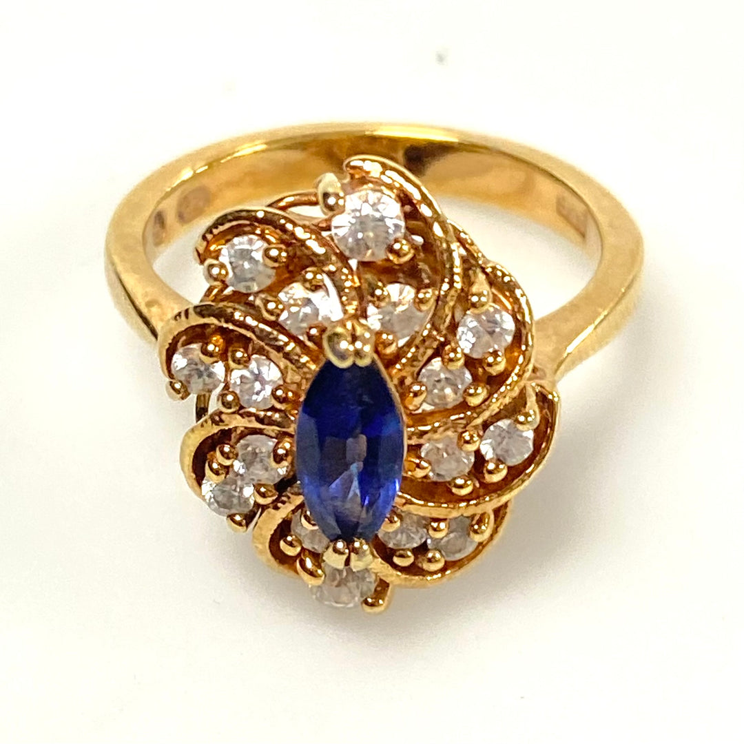 v560 Vintage Sterling Silver Marquise-cut Blue Sapphire Cocktail Ring Size 7.75