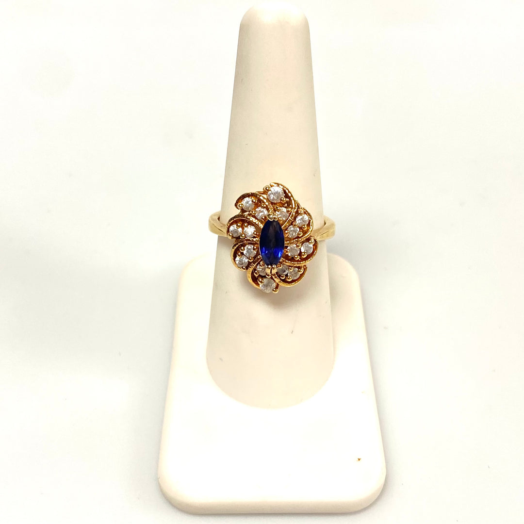 v560 Vintage Sterling Silver Marquise-cut Blue Sapphire Cocktail Ring Size 7.75