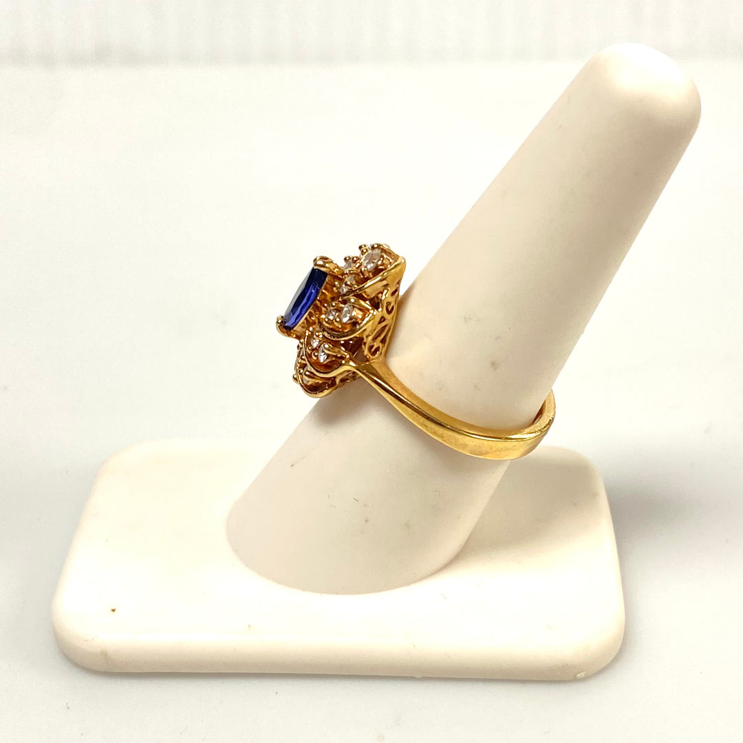 v560 Vintage Sterling Silver Marquise-cut Blue Sapphire Cocktail Ring Size 7.75