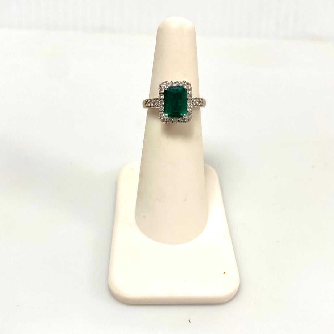 v561 Vintage Sterling Silver Emerald Cut Emerald White Stone Halo Ring Size 4.75