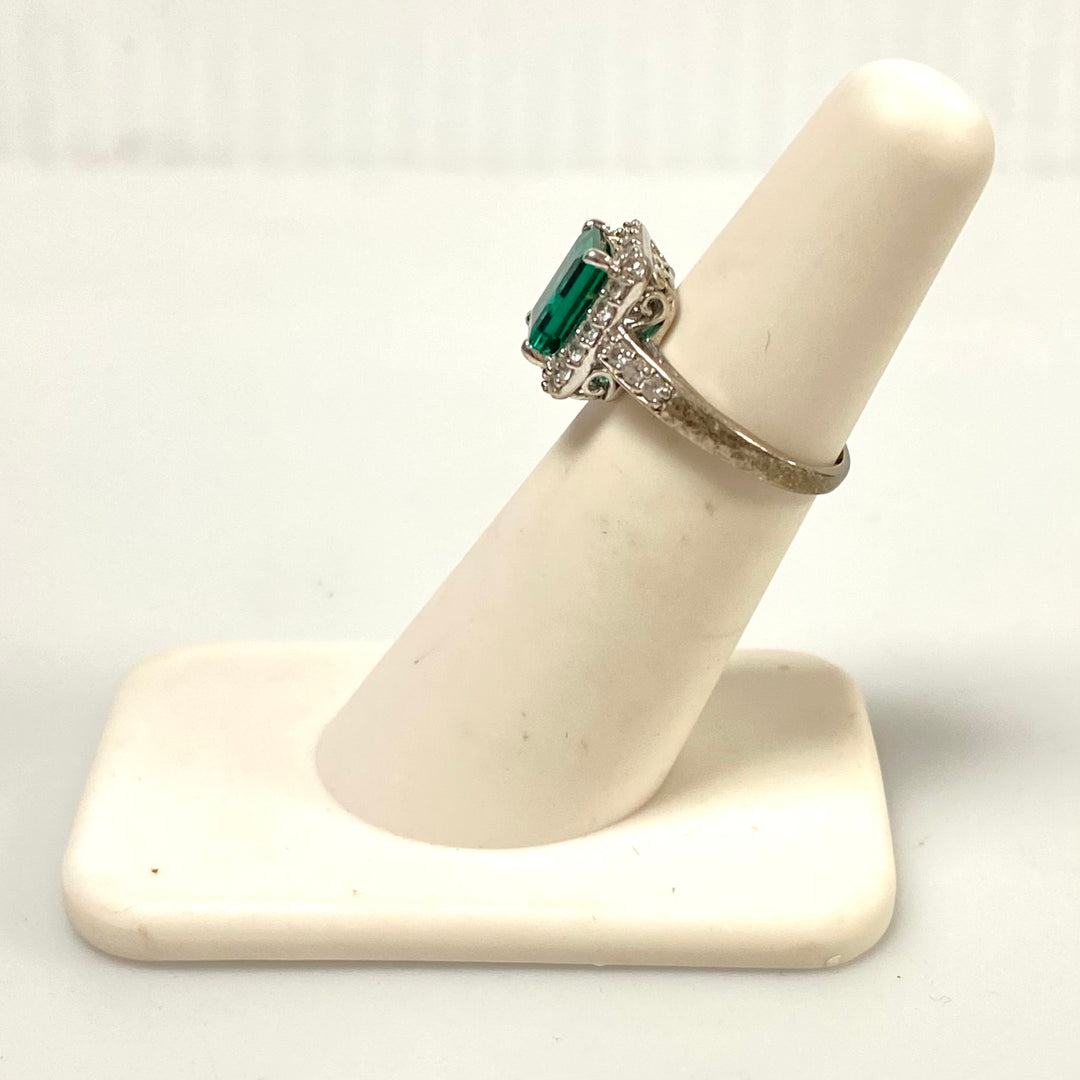v561 Vintage Sterling Silver Emerald Cut Emerald White Stone Halo Ring Size 4.75