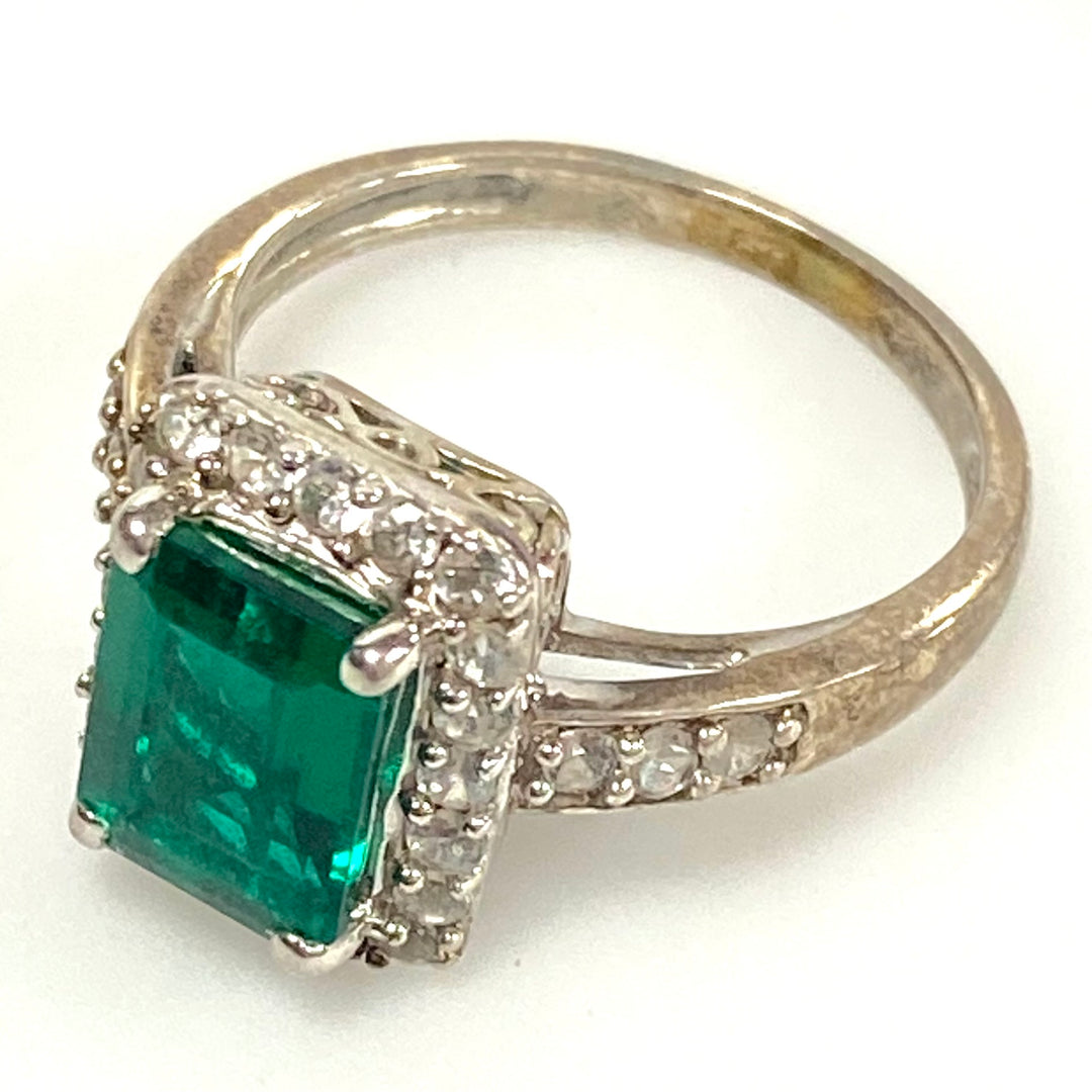 v561 Vintage Sterling Silver Emerald Cut Emerald White Stone Halo Ring Size 4.75