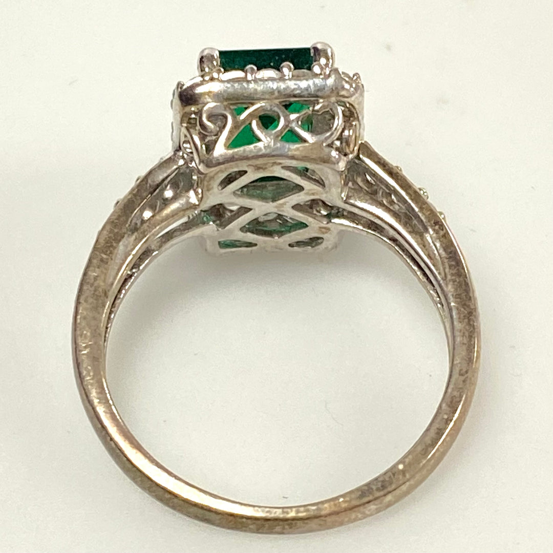 v561 Vintage Sterling Silver Emerald Cut Emerald White Stone Halo Ring Size 4.75