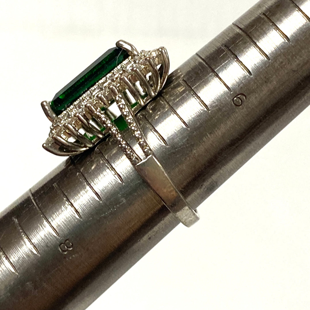 v562 Vintage Sterling Silver Emerald Cut Green and White Stone Halo Ring Size 7