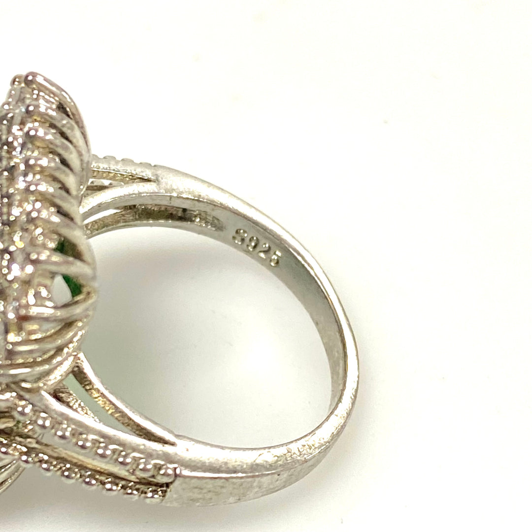 v562 Vintage Sterling Silver Emerald Cut Green and White Stone Halo Ring Size 7