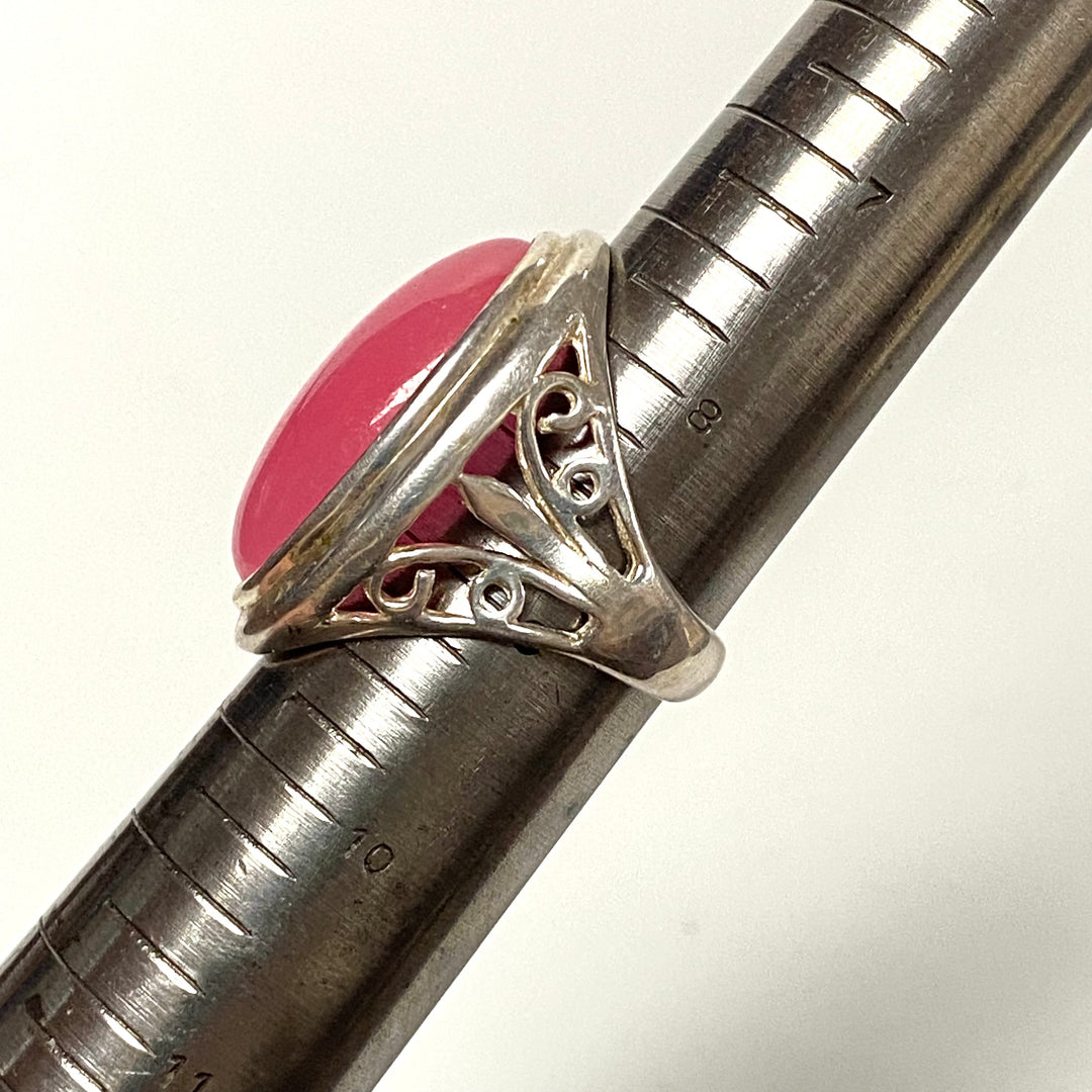 v571 Vintage Pink Chalcedony Ring in Sterling Silver Filigree Setting Size 8.75