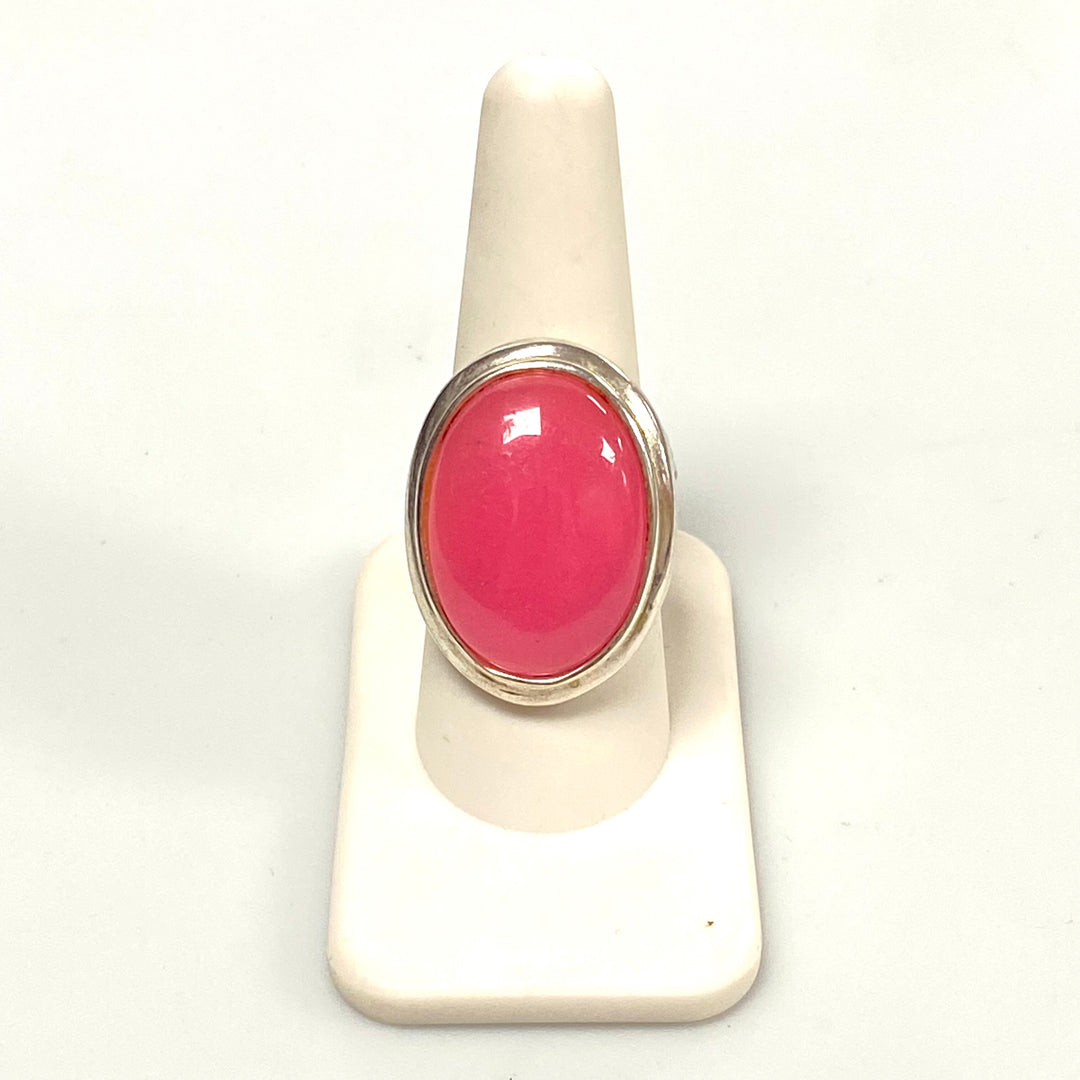 v571 Vintage Pink Chalcedony Ring in Sterling Silver Filigree Setting Size 8.75