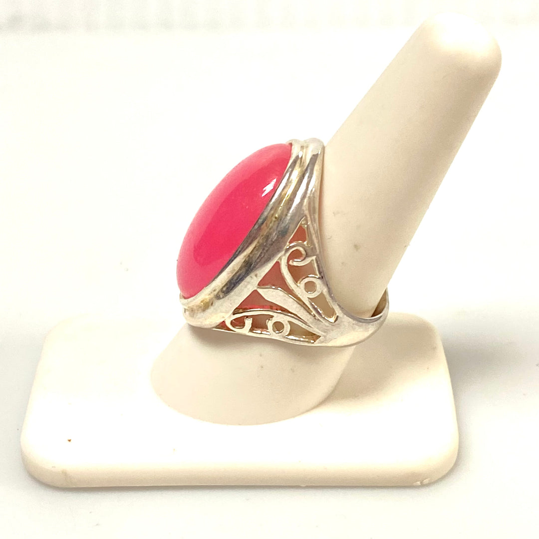v571 Vintage Pink Chalcedony Ring in Sterling Silver Filigree Setting Size 8.75