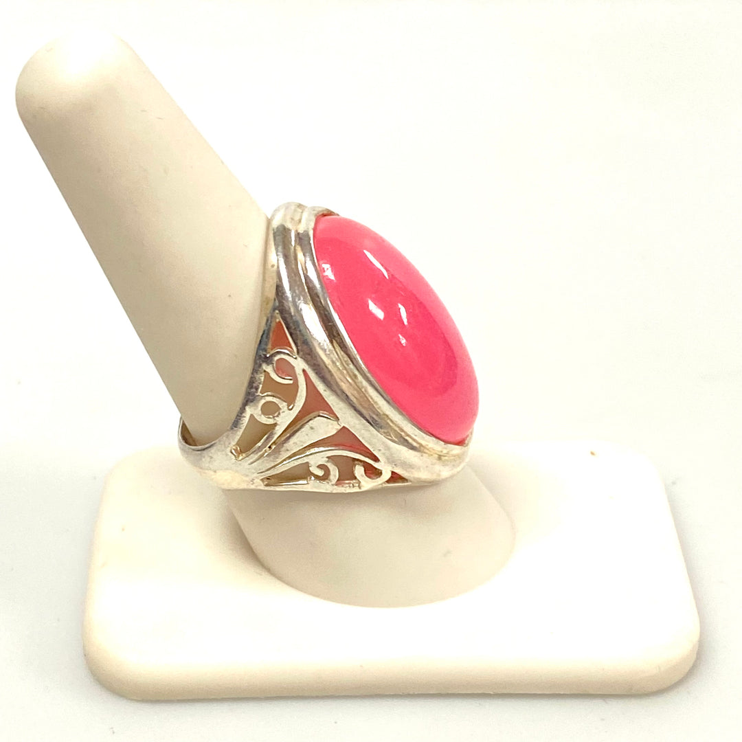 v571 Vintage Pink Chalcedony Ring in Sterling Silver Filigree Setting Size 8.75