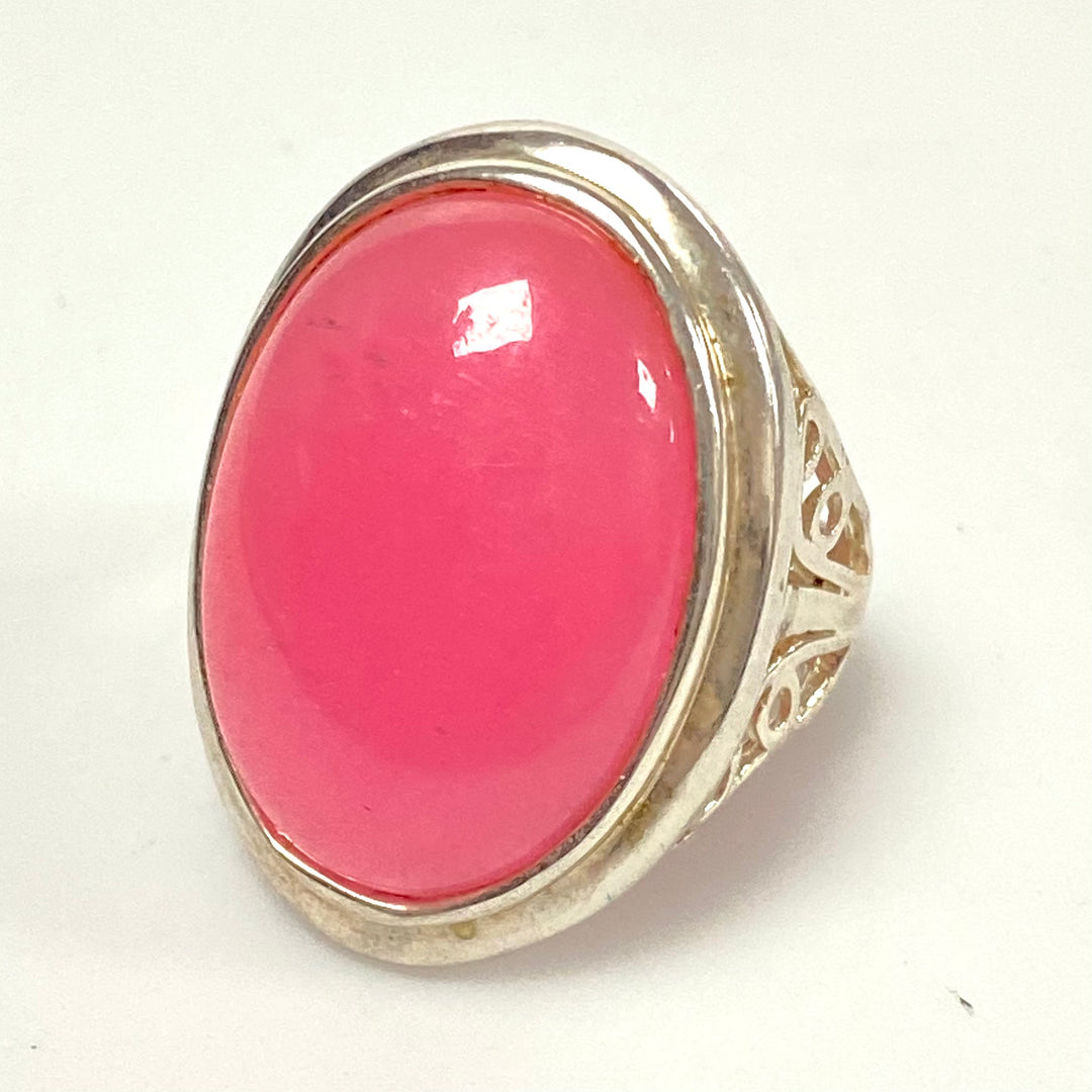 v571 Vintage Pink Chalcedony Ring in Sterling Silver Filigree Setting Size 8.75