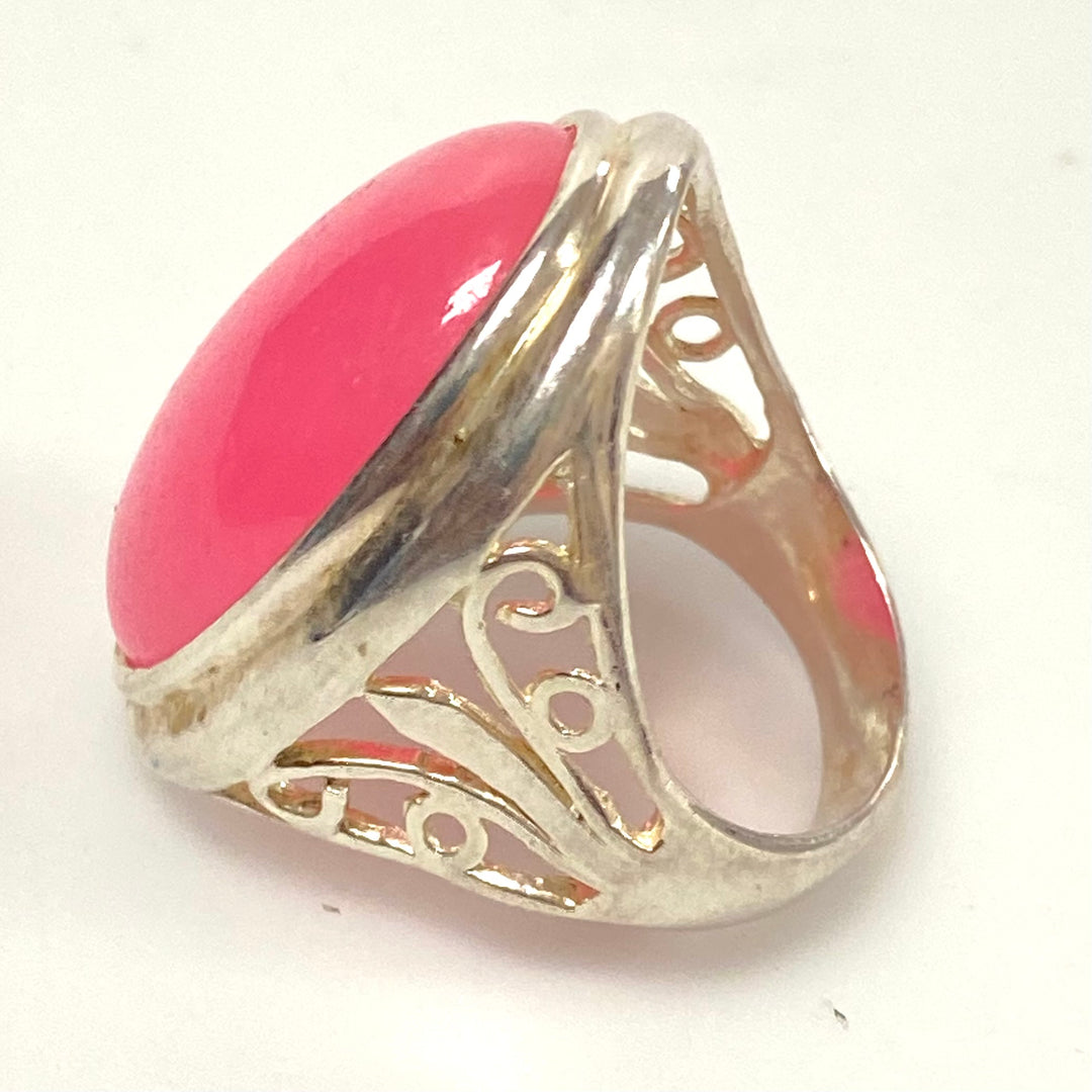v571 Vintage Pink Chalcedony Ring in Sterling Silver Filigree Setting Size 8.75