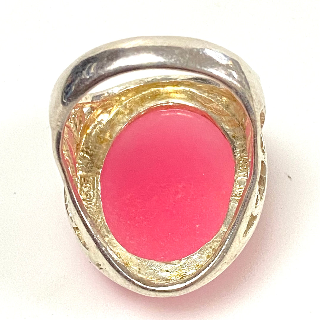 v571 Vintage Pink Chalcedony Ring in Sterling Silver Filigree Setting Size 8.75