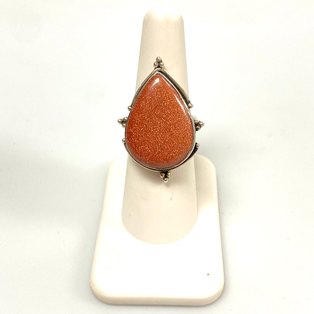 v572 Vintage Teardrop-Shaped Goldstone Ring in Sterling Silver Setting Size 6.5