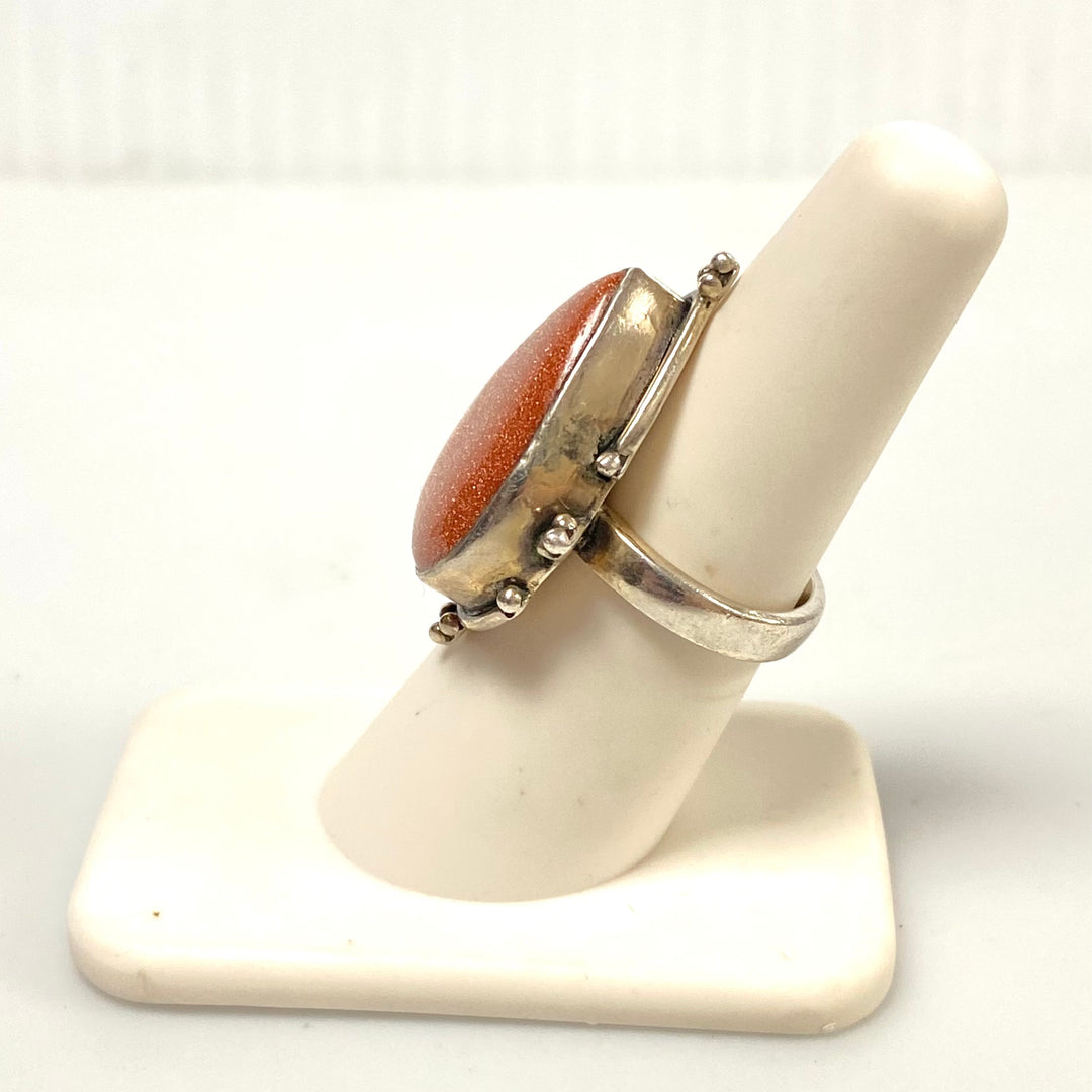 v572 Vintage Teardrop-Shaped Goldstone Ring in Sterling Silver Setting Size 6.5