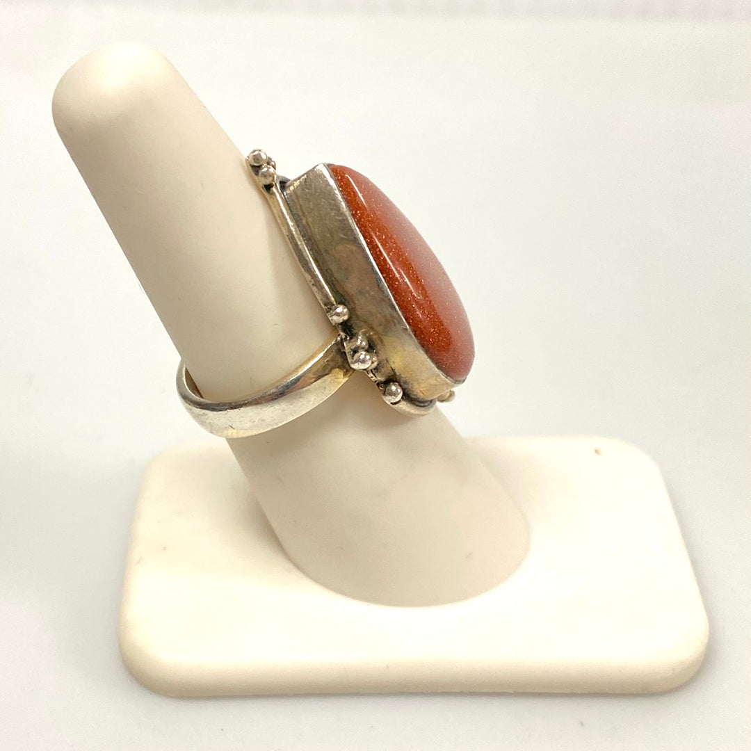 v572 Vintage Teardrop-Shaped Goldstone Ring in Sterling Silver Setting Size 6.5