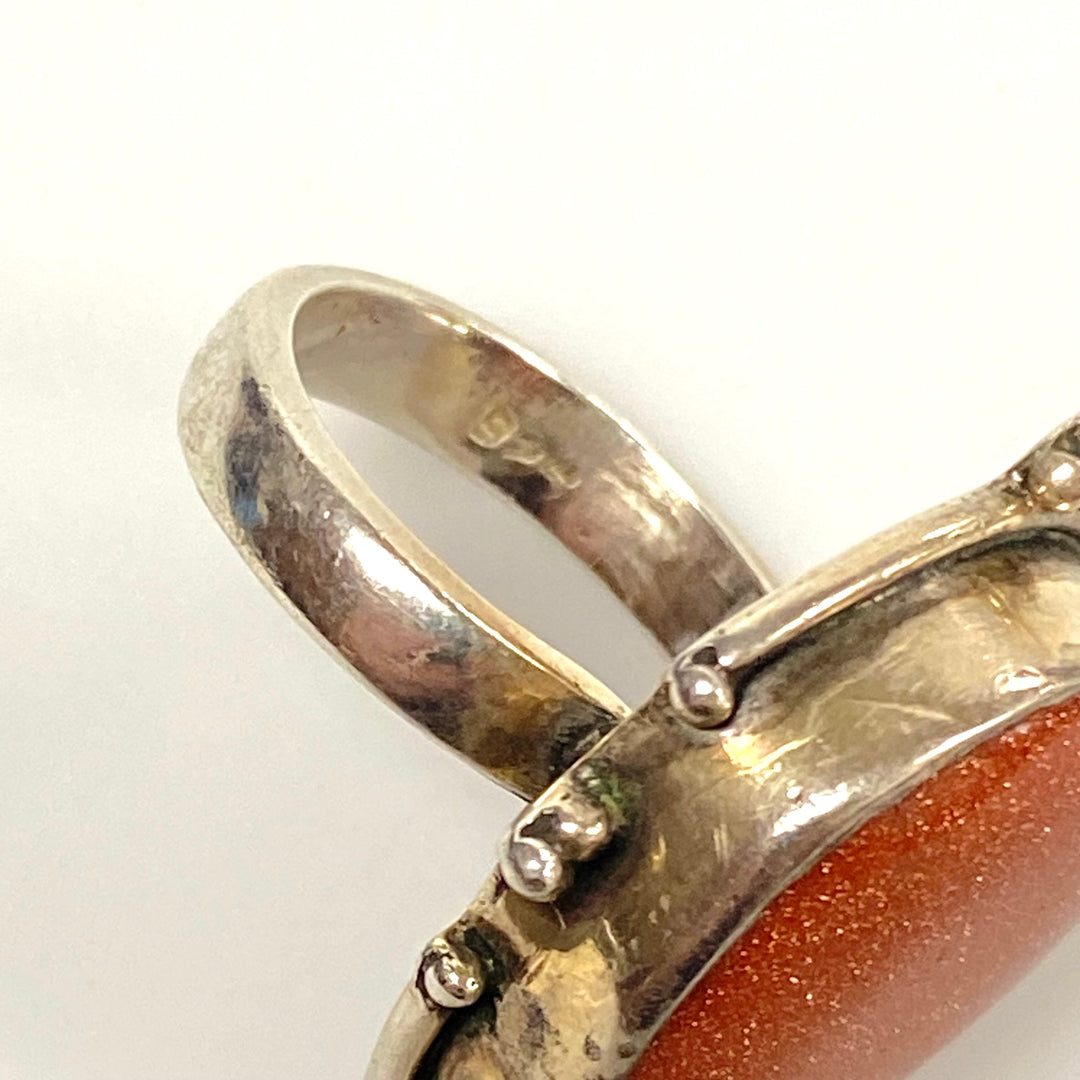 v572 Vintage Teardrop-Shaped Goldstone Ring in Sterling Silver Setting Size 6.5