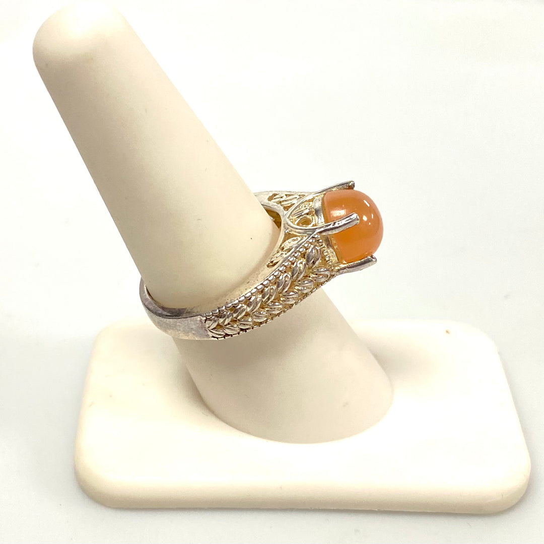 v573 Vintage Peach Moonstone Ring in Sterling Silver Filigree Setting Size 8