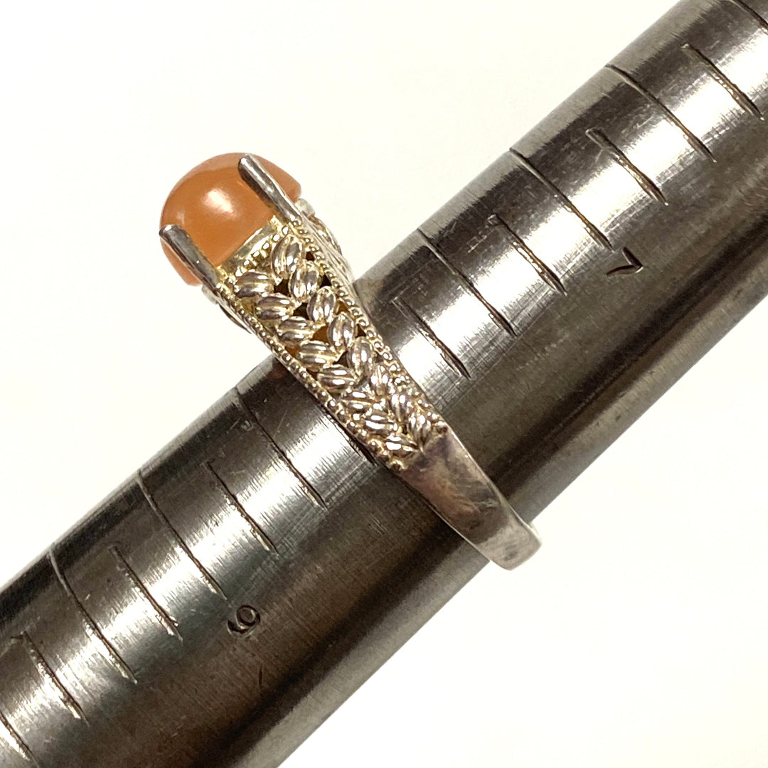 v573 Vintage Peach Moonstone Ring in Sterling Silver Filigree Setting Size 8