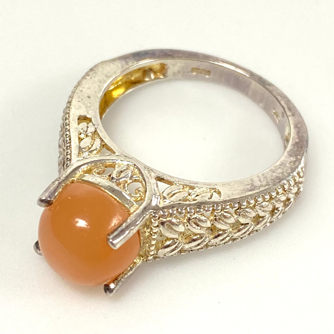 v573 Vintage Peach Moonstone Ring in Sterling Silver Filigree Setting Size 8