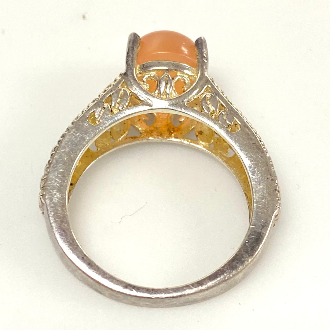 v573 Vintage Peach Moonstone Ring in Sterling Silver Filigree Setting Size 8