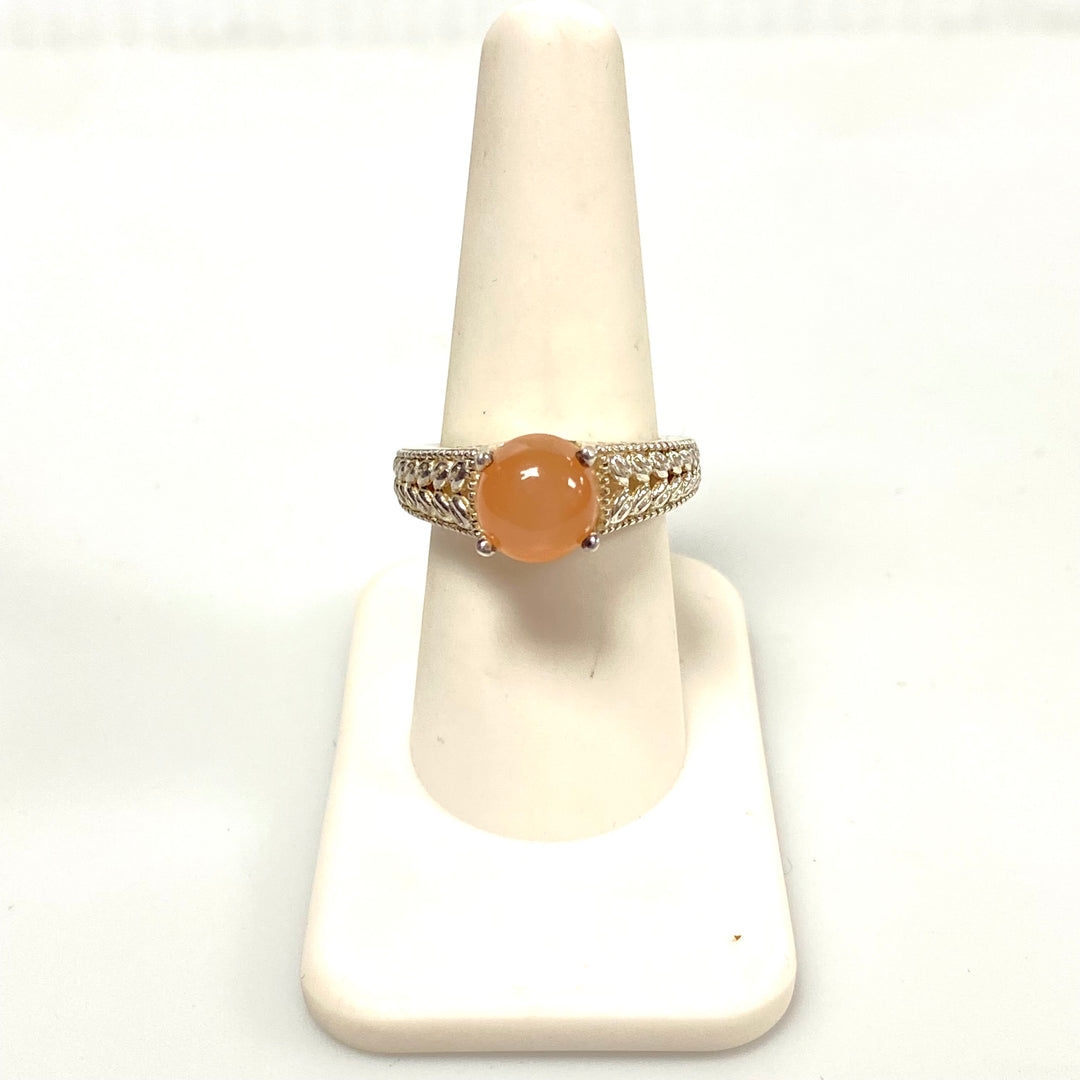 v573 Vintage Peach Moonstone Ring in Sterling Silver Filigree Setting Size 8