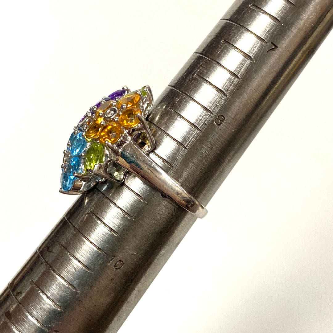 v579 Vintage 14K Gold Sterling Silver Multi Gemstones Flower Cluster Ring Size 9