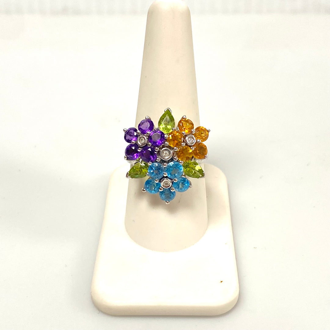 v579 Vintage 14K Gold Sterling Silver Multi Gemstones Flower Cluster Ring Size 9