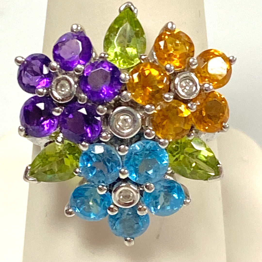 v579 Vintage 14K Gold Sterling Silver Multi Gemstones Flower Cluster Ring Size 9