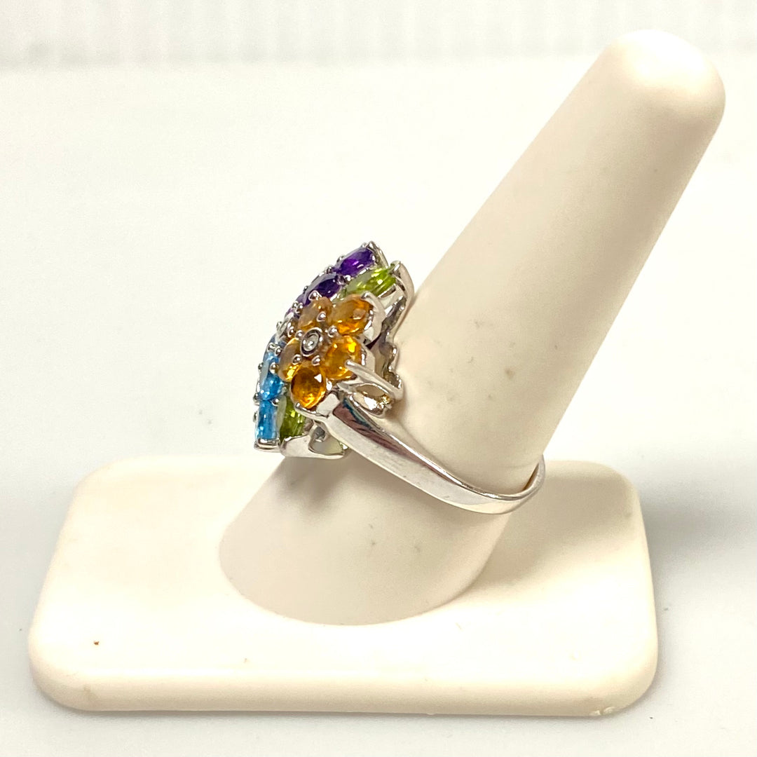 v579 Vintage 14K Gold Sterling Silver Multi Gemstones Flower Cluster Ring Size 9