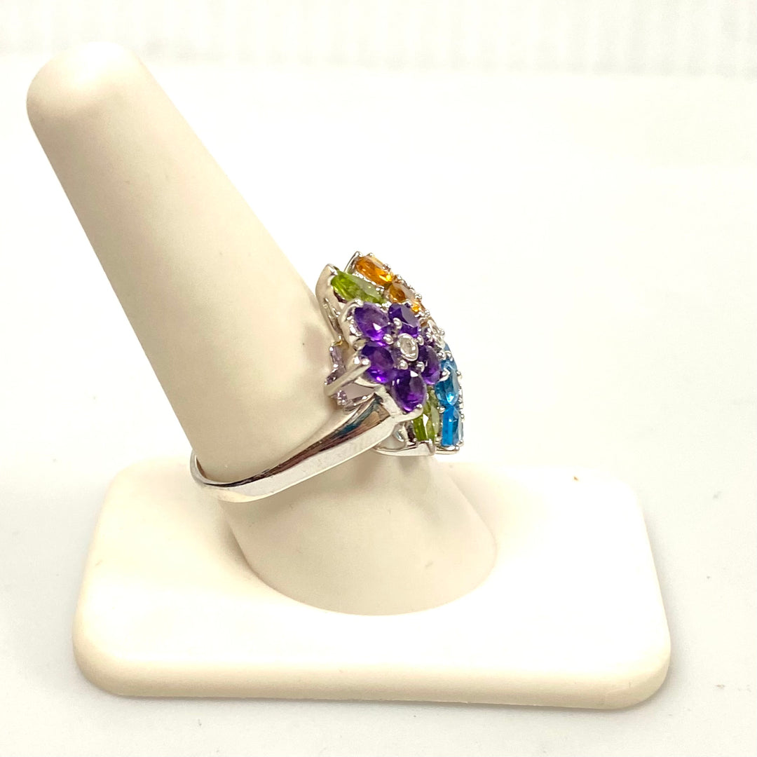 v579 Vintage 14K Gold Sterling Silver Multi Gemstones Flower Cluster Ring Size 9