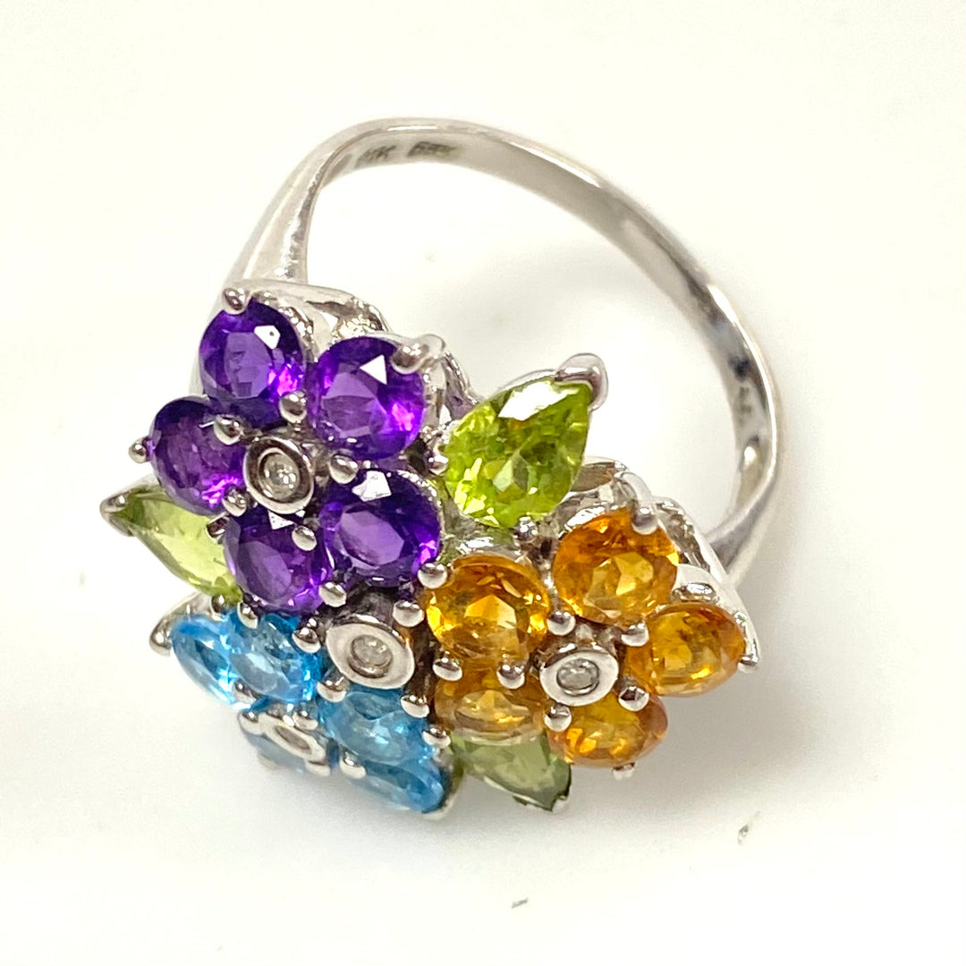 v579 Vintage 14K Gold Sterling Silver Multi Gemstones Flower Cluster Ring Size 9